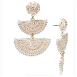ON 34th Off White Stone Beading Boho Woven Raffia Drop Earrings